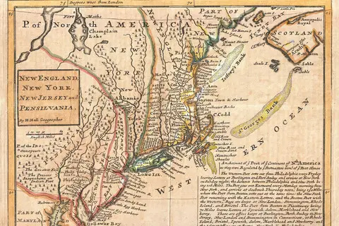 Map: 1729 Moll Map of New York New England and Pennsylvania First Postal Map of New England