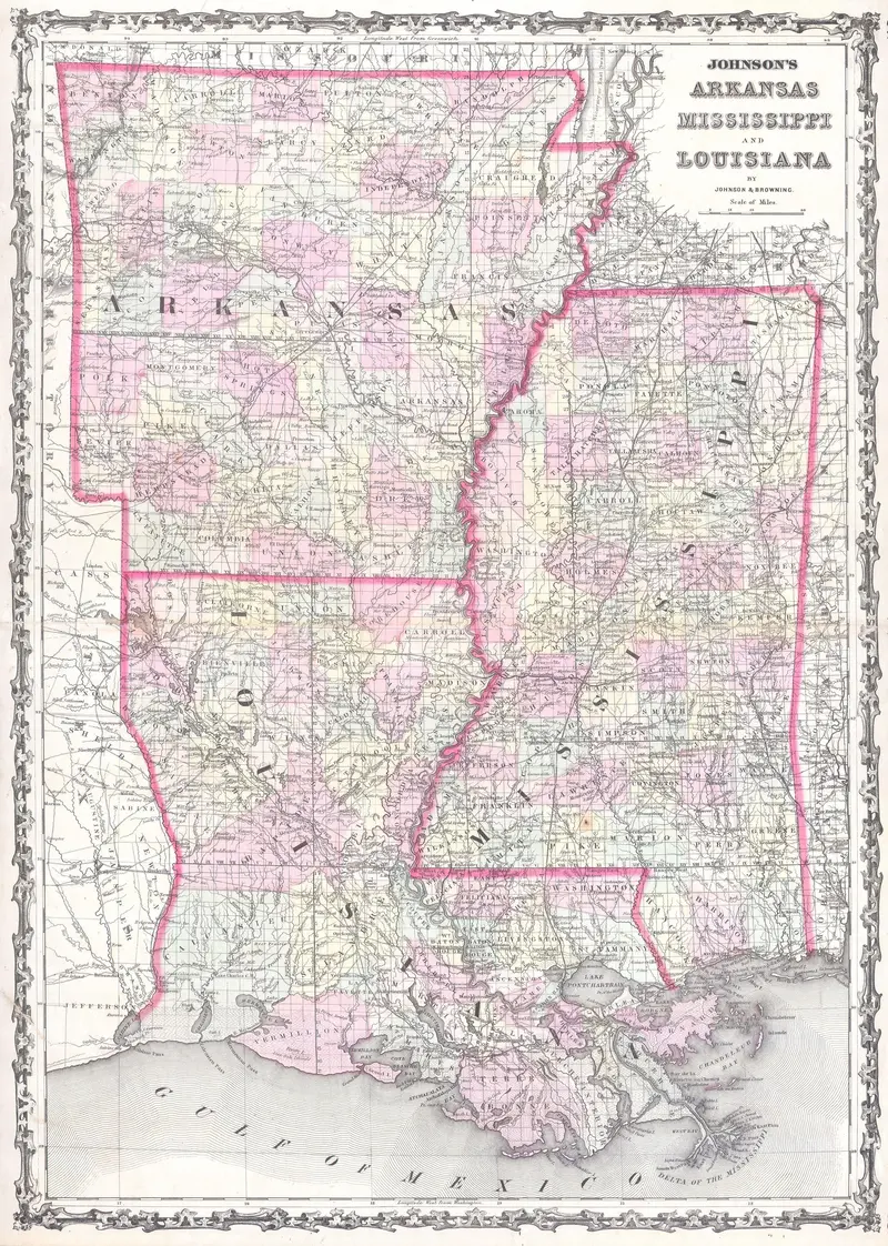 Map: 1861 Johnson Map of Mississippi Louisiana Arkansas Aklamij62