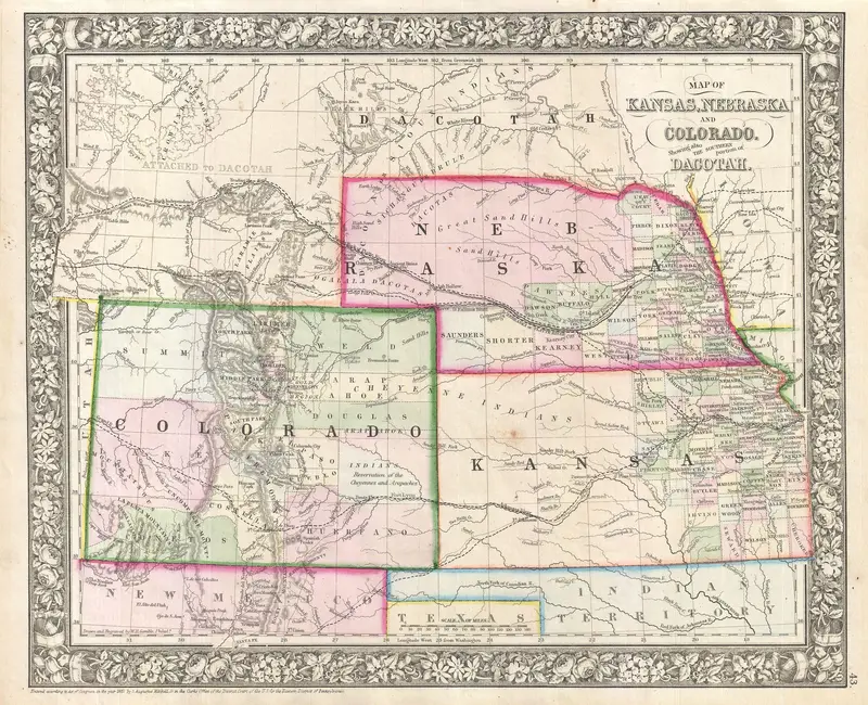 Map: 1866 Mitchell Map of Colorado Nebraska and Kansas