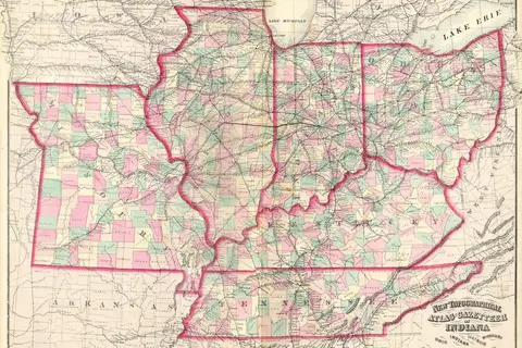 Map: 1873 Asher Adams Map of the Midwest Ohio Indiana Illinois Missouri Kentucky