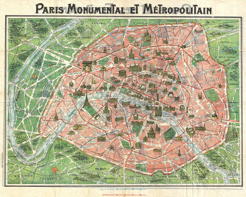 Map: 1920 Art Nouveau Monument Map of Paris France
