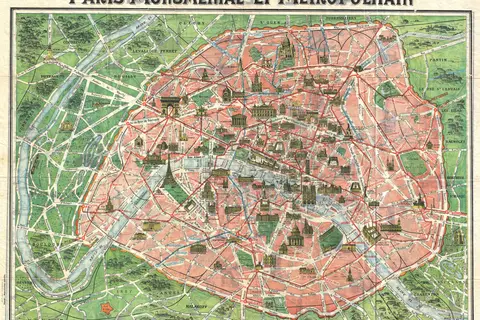Map: 1920 Art Nouveau Monument Map of Paris France