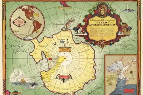 Map: 1934 Map of the Second Byrd Antarctic Expedition. Great Penguins!