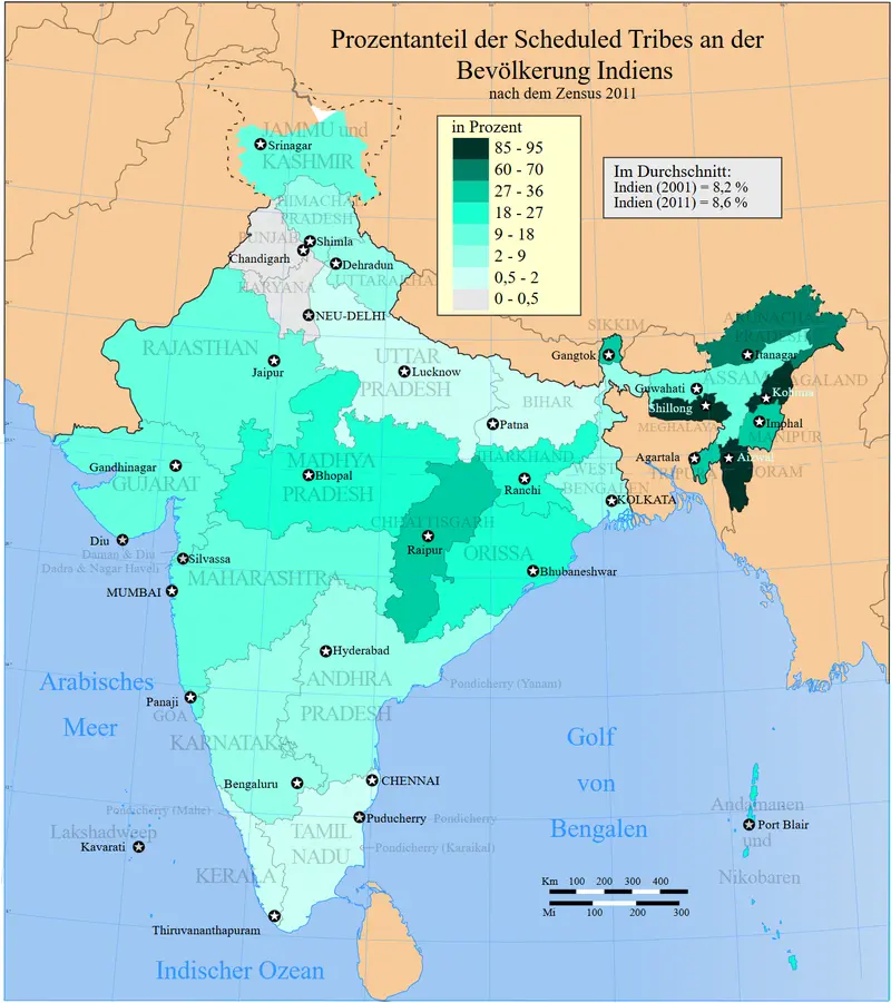 Map: 2011 Census Scheduled Tribes Distribution Map India by State and Union Territory de