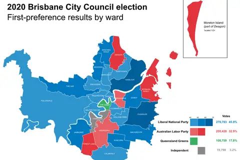 Map: 2020 Brisbane City Council Election Firstpreference Results Map by Ward