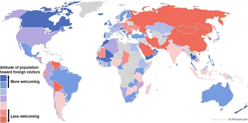 Map: A map of the most to least welcoming countries of the world.