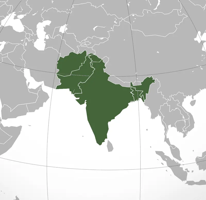 Map: Afghanistan Pakistan India Bangladesh with National Boundaries on Orthographic Projected Map