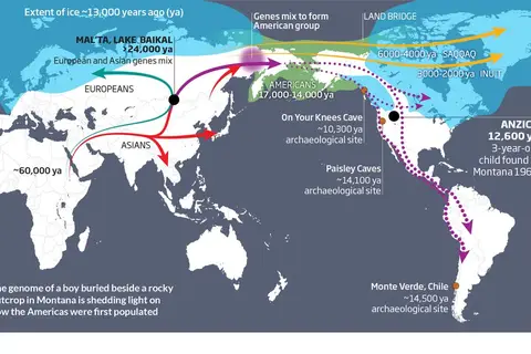 Map: Ancestry of first Americans revealed by the genome of a boy buried in Montana. New Scientist – 12 February 2014
