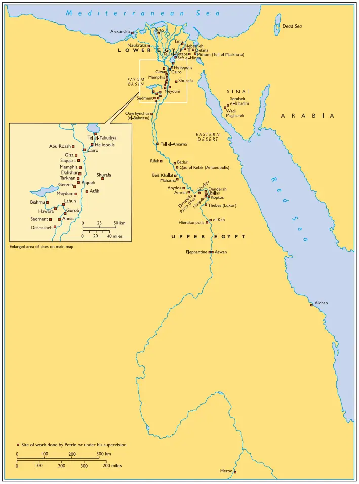 Map: Archaeological sites worked on by the legendary Egyptologist Flinders Petrie
