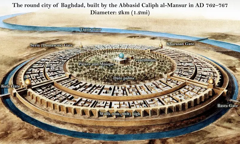 Map: Artist’s reconstruction of the Round city of Baghdad as it looked in the 8th century; 150 after being founded, it was already the largest city in the world