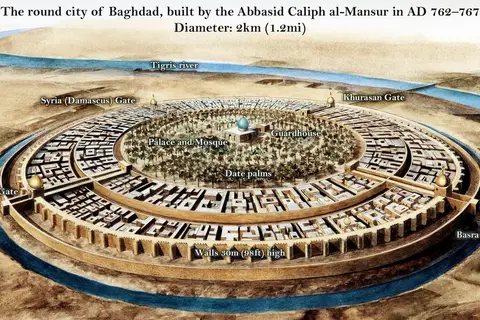 Map: Artist’s reconstruction of the Round city of Baghdad as it looked in the 8th century; 150 after being founded, it was already the largest city in the world