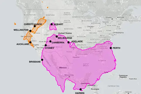 Map: Australia and New Zealand compared to North America on the same latitude with CITY LABELS