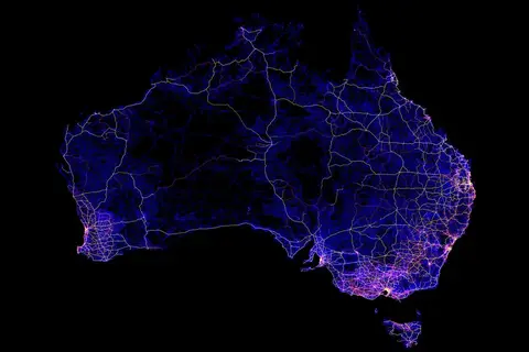 Map: Australia mapped only by dirt tracks, roads and highways