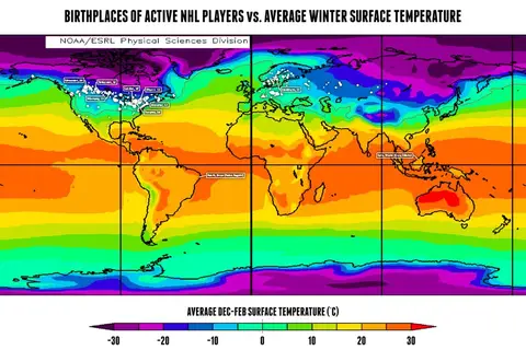 Map: Birthplaces of Active NHL Players vs. Average Winter Surface Temperature