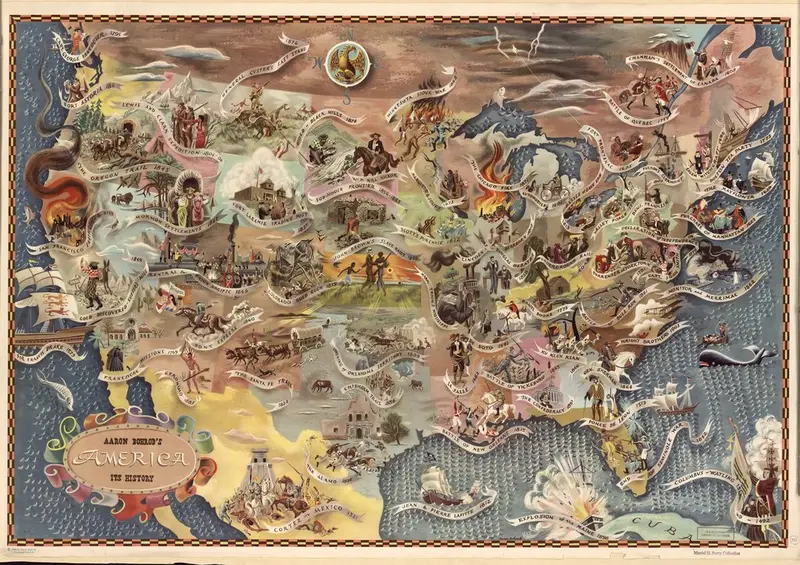Map: Bohrod’s America, its history : pictorial map showing scenes from America’s history with names of historical events, copyright 1946
