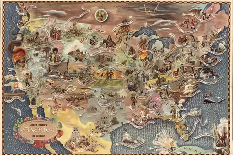 Map: Bohrod’s America, its history : pictorial map showing scenes from America’s history with names of historical events, copyright 1946