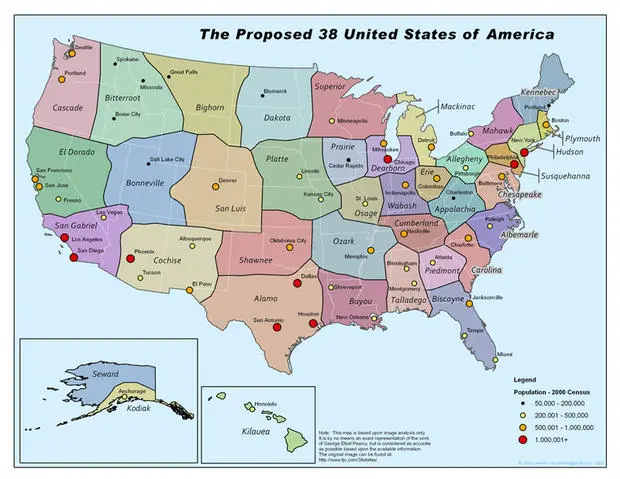 Map: California State University geography professor George Etzel Pearcy’s suggested 38 states of America