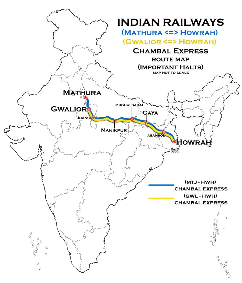 Map: Chambal Express Mathura Howrah and Gwalior Howrah Route Map