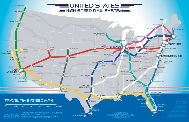 Map: Coast to Coast high speed rail map. Artist impression of the U.S and Travel times.