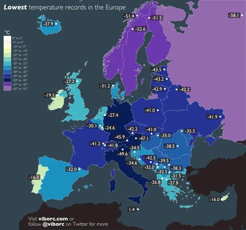 Map: Coldest Temperature by Country