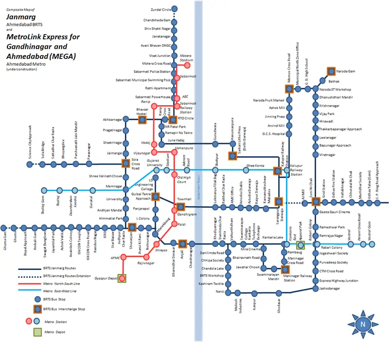 Map: Composite Map of Ahmedabad Brts and Uc Metrorail Aug 15