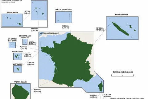 Map: Constituent lands of the French Republic, at the same geographical scale