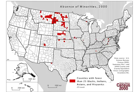 Map: Counties with 25 or less minorities (blacks, indians, asians, and hispanics)