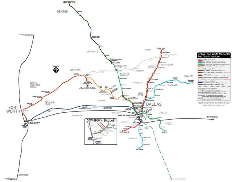 Map: Dallas Fort Worth Metroplex Rail Transit Services Map