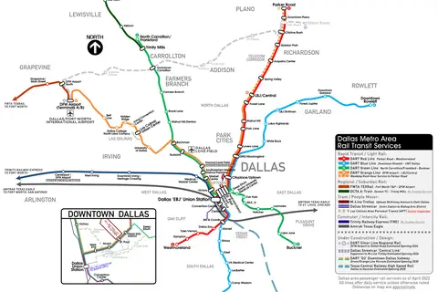 Map: Dallas Metro Area Rail Transit Services Map