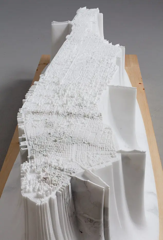 Map: Detailed replica of Manhattan carved out in a 2.5 tonne block of marble by the Japanese artist Yutaka Sone