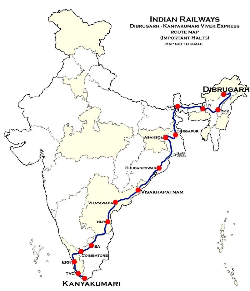 Map: Dibrugarh Kanyakumari Vivek Express Route Map