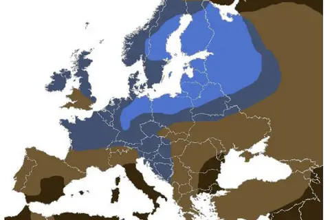 Map: Distribution of light eye colors in Europe.