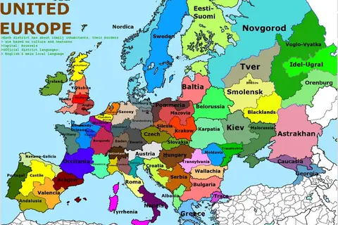 Map: Europe, divided in regions of 10 Million inhabitants