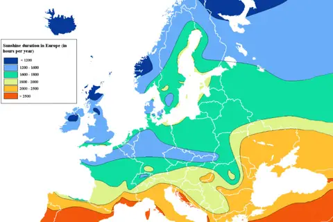 Map: Europe Sunshine Hours Map