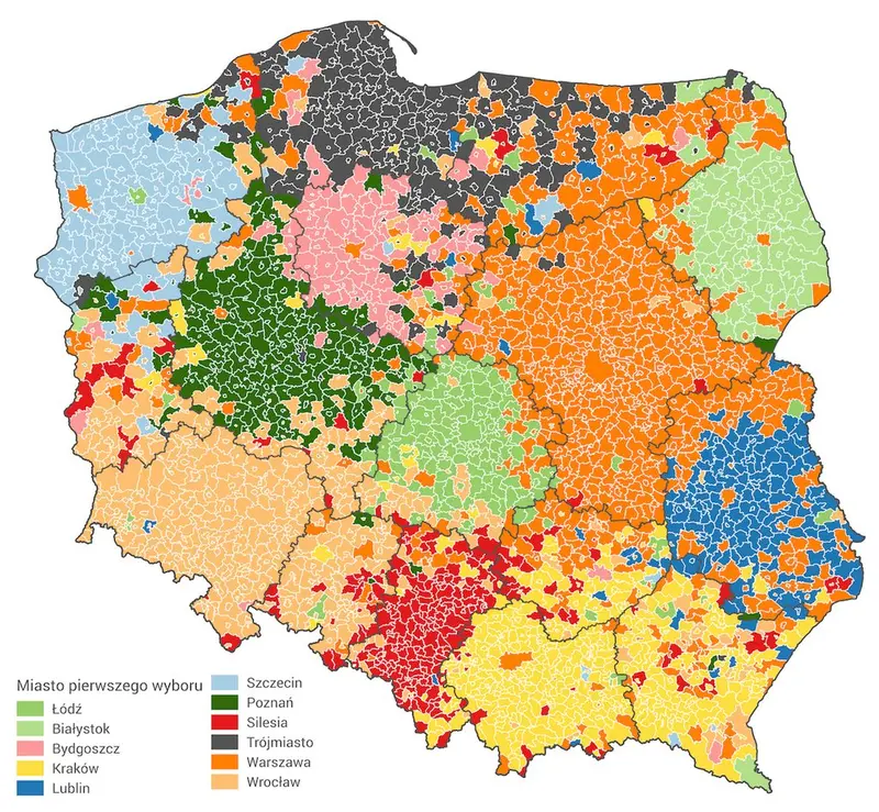 Map: First choice cities in Poland,ie first cities taken into consideration when planning the move