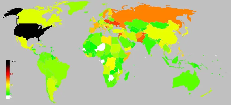 Map: Frequency of “war” and “wars” on each country’s/territory’s Wikipedia article