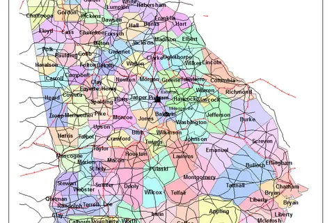 Map: Georgia 1865 County Map with Roads and Railroads