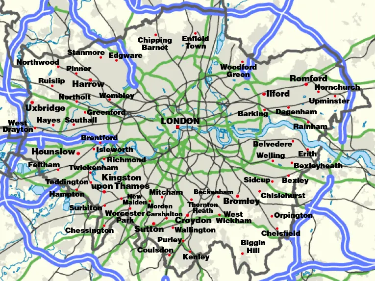 Map: Greater London Map with Suburban Towns