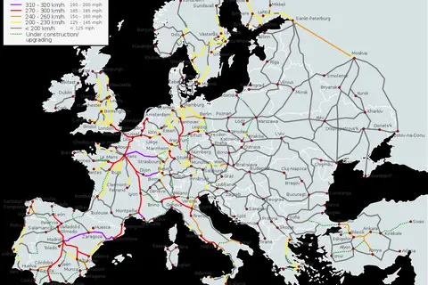 Map: High-Speed Rail Map of Europe and its designated speeds
