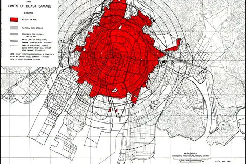 Map: Hiroshima, extent of fire and limits of blast damage