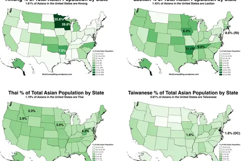 Map: Hmong, Laotian, Thai, and Taiwanese population as a % of total Asian pop, by state