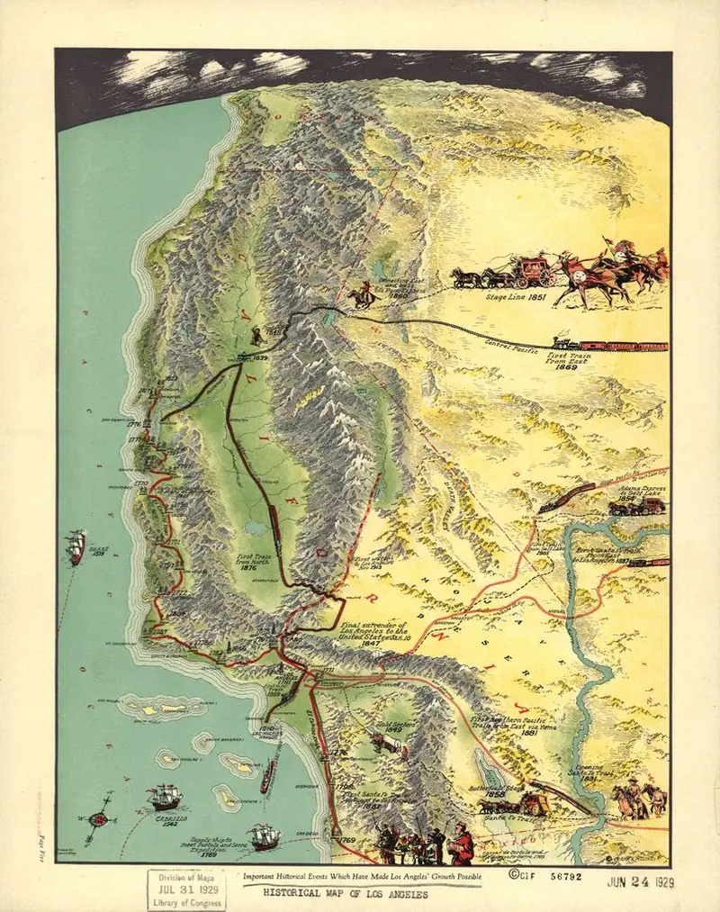 Map: Important Historical Events Which Have Made Los Angeles’ Growth Possible. (Pictorial map drawn by Gerald A. Eddy, 1929)
