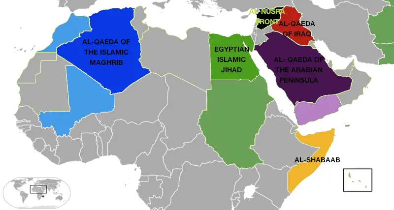 Map: Known Al-Qaeda affiliates in the Middle East and their areas of major operation.