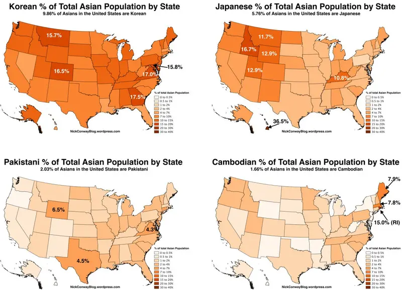 Map: Korean, Japanese, Pakistani, and Cambodian population as a % of total Asian pop, by state