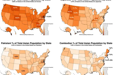 Map: Korean, Japanese, Pakistani, and Cambodian population as a % of total Asian pop, by state