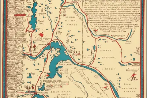 Map: Lake of the Emerald Empire : a Merry Map of the Idaho Panhandle and North West Montana. a decorative pictorial map drawn by Marie McLean, and copyrighted on March 18, 1966