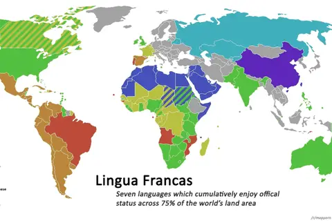 Map: ‘Lingua Francas’ – Seven Languages Which Cumulatively Enjoy Official Status Across 75% of the World’s Land Area