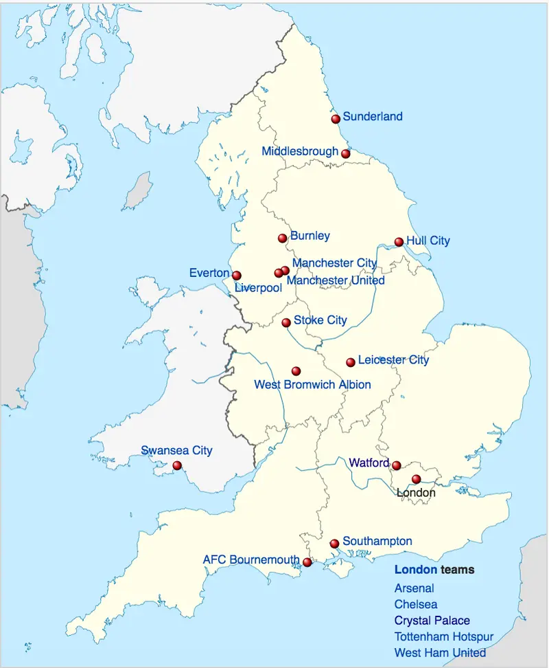 Map: Locations of the 2016–17 Premier League teams