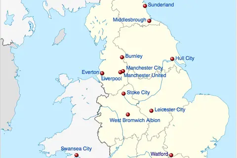 Map: Locations of the 2016–17 Premier League teams