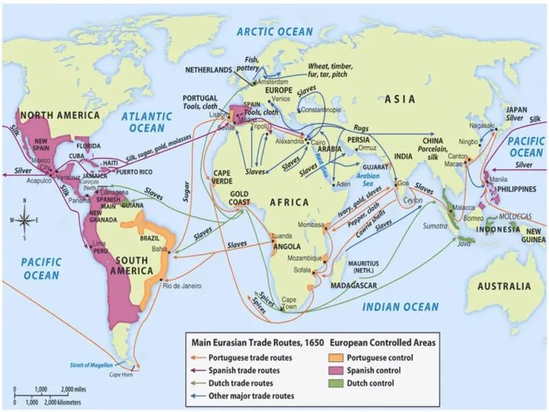 Map: Main Eurasian Trade Routes c.1650, European Controlled Areas